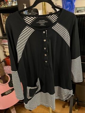 neon buddha Black and White Striped Henley Button Top